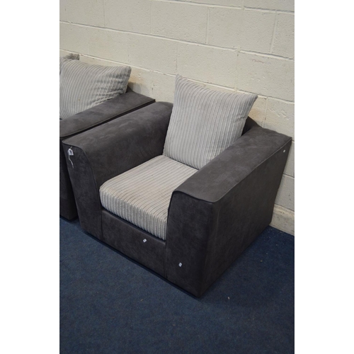 1305 - A CHARCOAL FAUX SUEDE AND LIGHT GREY TWO PIECE LOUNGE SUITE, comprising a two seater settee and armc... 