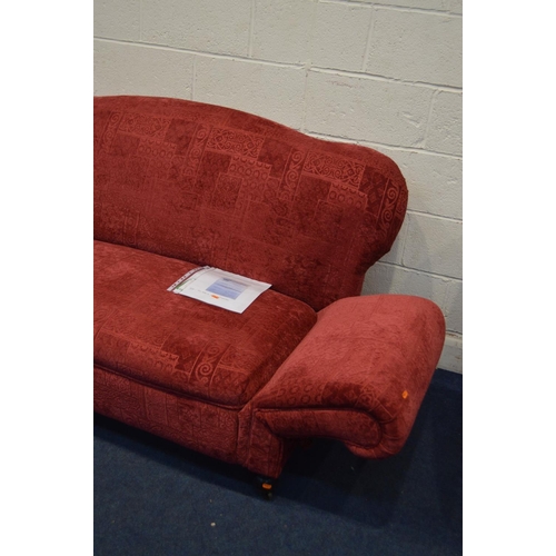 1306 - A GEORGIAN RED UPHOLSTERED THREE PIECE LOUNGE SUITE, re-upholstered in 2016, comprising a two seater... 