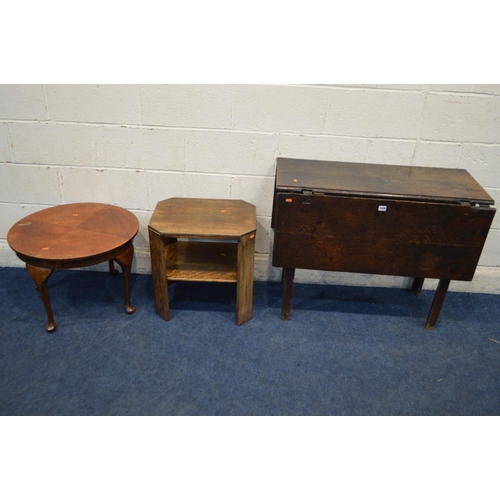 1309 - A DISTRESSED GEORGIAN OAK SQUARED TOPPED GATE LEG TABLE, open length 117cm x closed length 42cm x de... 