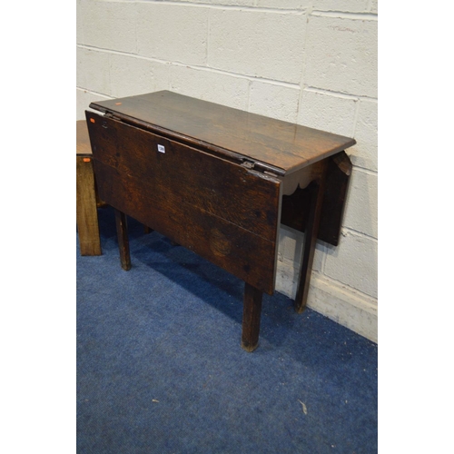 1309 - A DISTRESSED GEORGIAN OAK SQUARED TOPPED GATE LEG TABLE, open length 117cm x closed length 42cm x de... 
