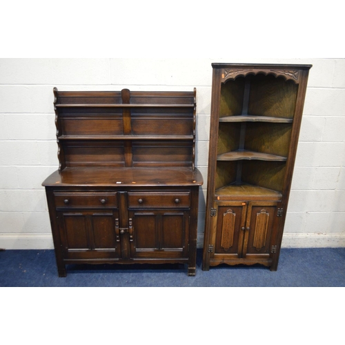 1330 - A DARK ERCOL DRESSER, with two drawers, width 124cm x depth 44cm x height 150cm, together with an oa... 