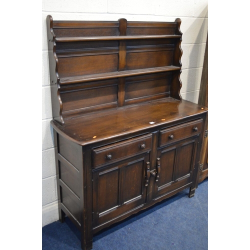 1330 - A DARK ERCOL DRESSER, with two drawers, width 124cm x depth 44cm x height 150cm, together with an oa... 