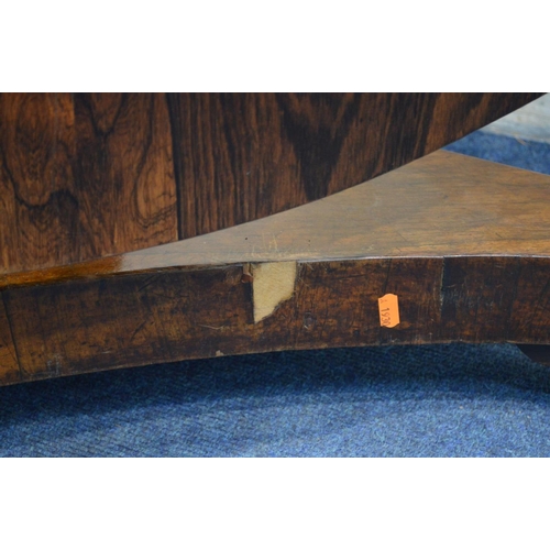 1333 - A VICTORIAN ROSEWOOD CIRCULAR TILT TOP BREAKFAST TABLE, on a cylindrical tapering support, concave t... 
