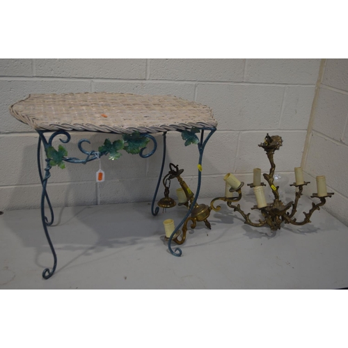 1336 - A METAL AND WICKER TOP OCCASIONAL TABLE, together with two brass ceiling lights (3)