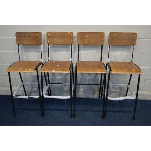 1342 - A SET OF FOUR MODERN METAL BAR STOOLS, with plywood seats and back (s.d. to seat)