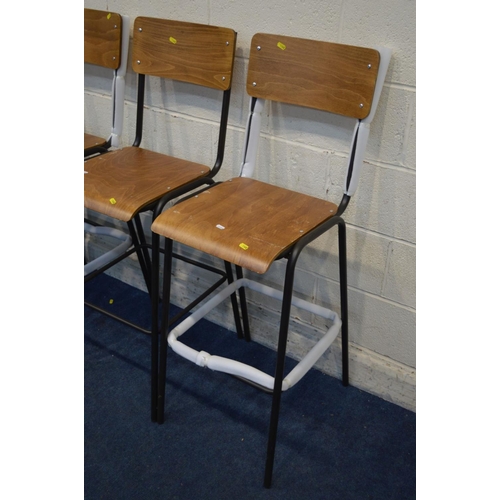 1342 - A SET OF FOUR MODERN METAL BAR STOOLS, with plywood seats and back (s.d. to seat)