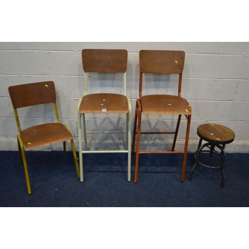 1343 - A PAIR OF MODERN METAL BAR STOOLS, of two colours with plywood seat and backs, together with a simil... 