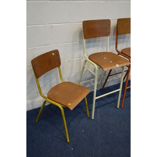 1343 - A PAIR OF MODERN METAL BAR STOOLS, of two colours with plywood seat and backs, together with a simil... 