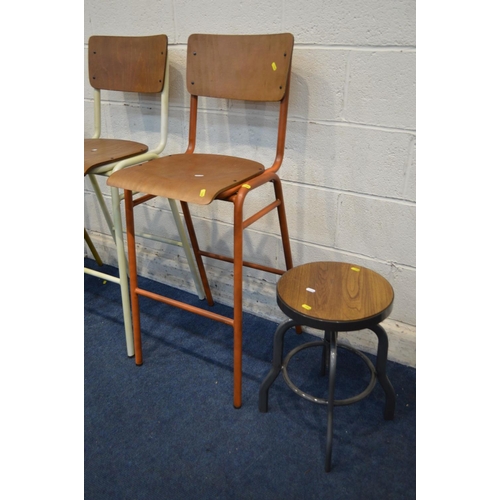 1343 - A PAIR OF MODERN METAL BAR STOOLS, of two colours with plywood seat and backs, together with a simil... 