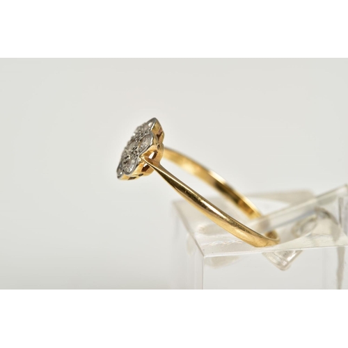 53 - A DIAMOND CLUSTER RING, the yellow metal ring designed with a flower cluster set with single cut dia... 