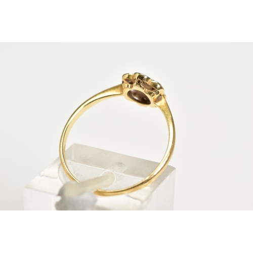 53 - A DIAMOND CLUSTER RING, the yellow metal ring designed with a flower cluster set with single cut dia... 