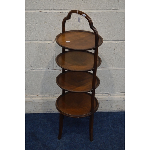1310 - AN EDWARDIAN MAHOGANY FOUR TIER DISH TOPPED CAKE STAND, diameter 30cm x height 91cm