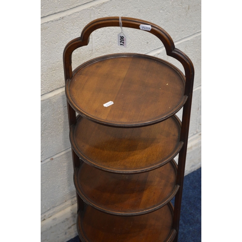 1310 - AN EDWARDIAN MAHOGANY FOUR TIER DISH TOPPED CAKE STAND, diameter 30cm x height 91cm