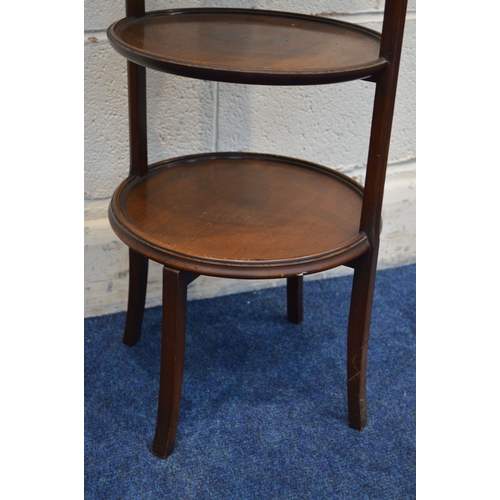 1310 - AN EDWARDIAN MAHOGANY FOUR TIER DISH TOPPED CAKE STAND, diameter 30cm x height 91cm