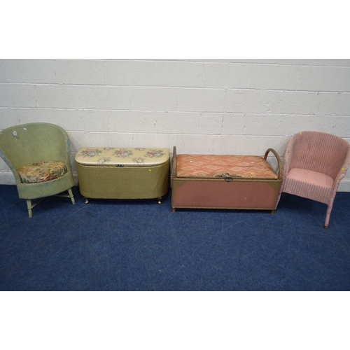 1311 - A LLOYD LOOM PINK PAINTED BEDROOM CHAIR together with another wicker bedroom chair and two ottomans ... 