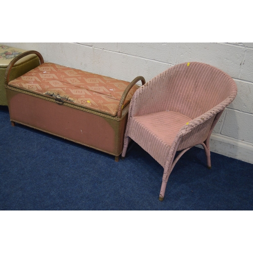1311 - A LLOYD LOOM PINK PAINTED BEDROOM CHAIR together with another wicker bedroom chair and two ottomans ... 