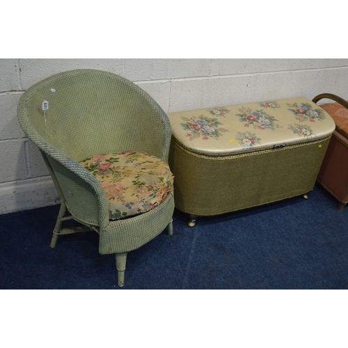 1311 - A LLOYD LOOM PINK PAINTED BEDROOM CHAIR together with another wicker bedroom chair and two ottomans ... 