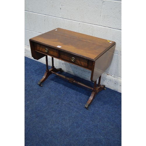 1312 - A SMALL REPRODUCTION MAHOGANY SOFA TABLE with two drawers, width 65cm x depth 40cm, height 52cm toge... 