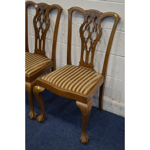 1313 - A PAIR OF LATE 19TH CENTURY WALNUT CHIPPENDALE STYLE DINING CHAIRS with stripped drop in seat pads