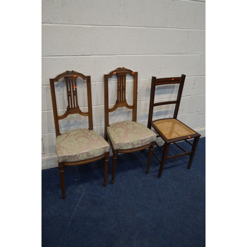 1314 - A PAIR OF EDWARDIAN WALNUT HALL CHAIRS together with an Edwardian mahogany bergere seated chair toge... 
