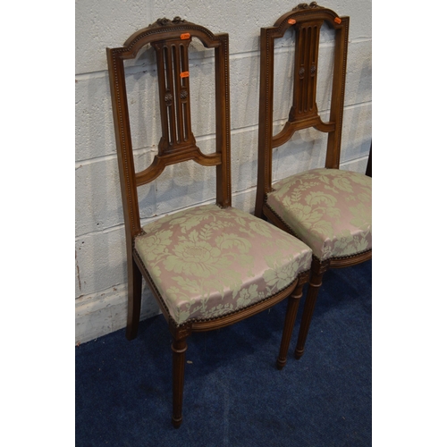 1314 - A PAIR OF EDWARDIAN WALNUT HALL CHAIRS together with an Edwardian mahogany bergere seated chair toge... 