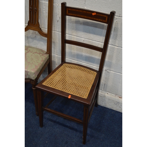 1314 - A PAIR OF EDWARDIAN WALNUT HALL CHAIRS together with an Edwardian mahogany bergere seated chair toge... 