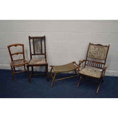 1320 - AN EDWARDIAN BEECH FOLDING CAMPAIGN CHAIR, together with a beech cane seat stool, and two distressed... 