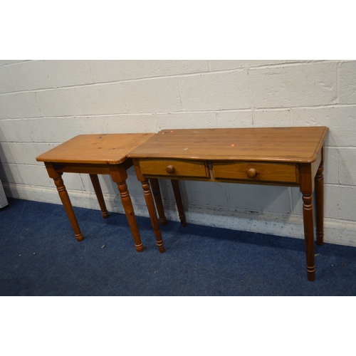 1324 - A MODERN PINE SIDE TABLE with two drawers, width 104cm x depth 42cm x height 74cm together with anot... 