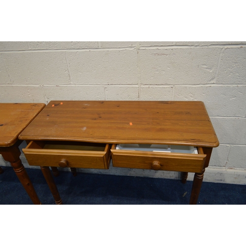 1324 - A MODERN PINE SIDE TABLE with two drawers, width 104cm x depth 42cm x height 74cm together with anot... 