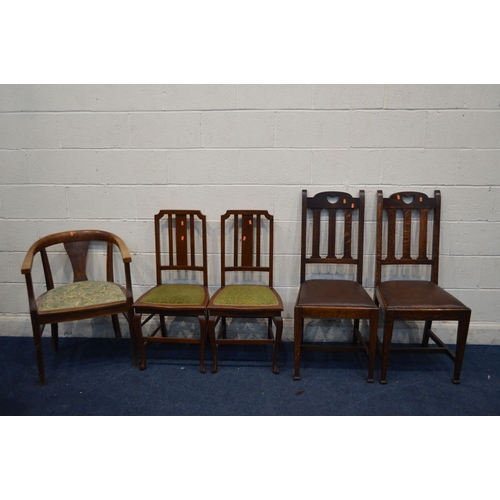 1325 - A PAIR OF EARLY 20TH CENTURY OAK ARTS AND CRAFTS CHAIRS, together with a pair of Edwardian chairs an... 