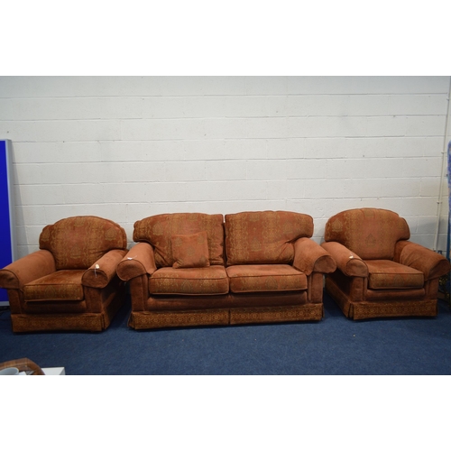 1326 - A RUSSETT AND GOLD UPHOLSTERED THREE PIECE LOUNGE SUITE, comprising a two seater settee, width 198cm... 