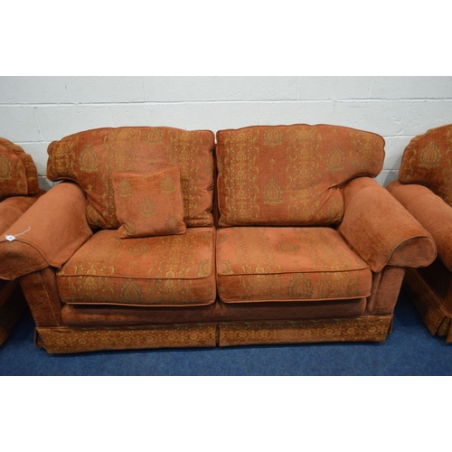 1326 - A RUSSETT AND GOLD UPHOLSTERED THREE PIECE LOUNGE SUITE, comprising a two seater settee, width 198cm... 