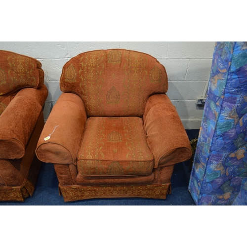 1326 - A RUSSETT AND GOLD UPHOLSTERED THREE PIECE LOUNGE SUITE, comprising a two seater settee, width 198cm... 