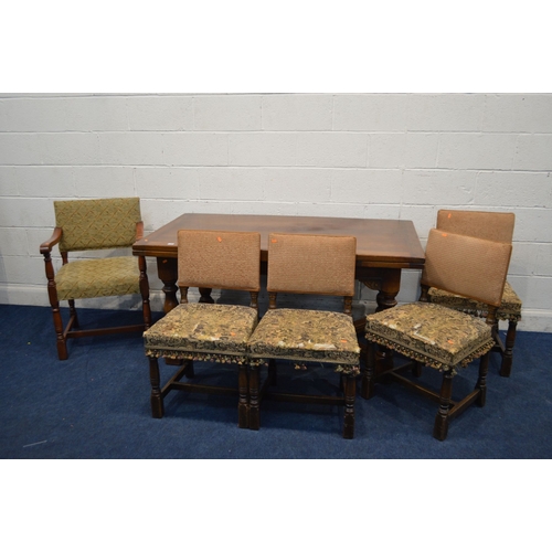 1328 - A REPRODUCTION OAK DRAW LEAF DINING TABLE, on block and turned legs, united by a cross stretcher, ex... 