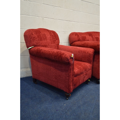 1306 - A GEORGIAN RED UPHOLSTERED THREE PIECE LOUNGE SUITE, re-upholstered in 2016, comprising a two seater... 