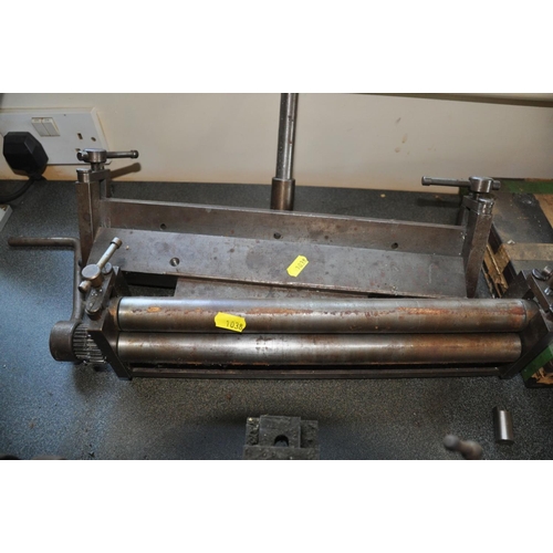 103 - A SMALL SHEET METAL BENDER, 39cm wide, a small sheet metal roller 35cm wide, a small lathe 55cm tota... 