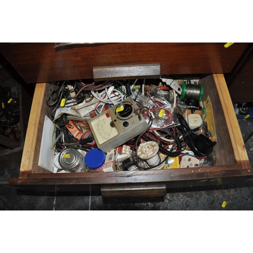 110 - THE CONTENTS OF TWO DRAWERS, full of electrical equipment, stationary solder, etc and  six small tra... 