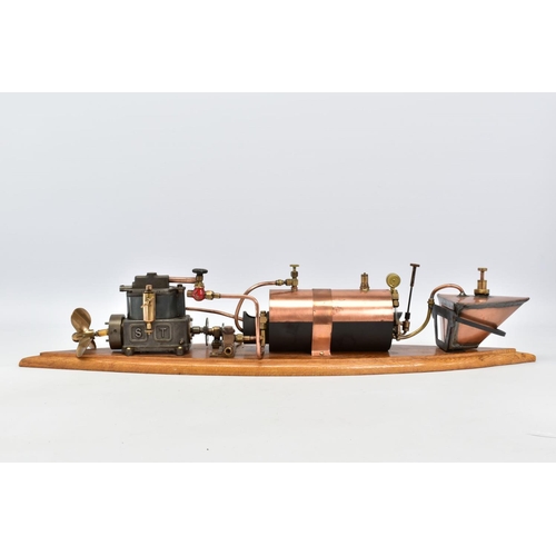 16 - A STUART TURNER LIVE STEAM SPEEDBOAT ENGINE SET UP, not tested, horizontal copper boiler with boiler... 