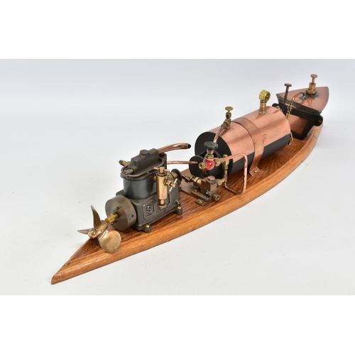 16 - A STUART TURNER LIVE STEAM SPEEDBOAT ENGINE SET UP, not tested, horizontal copper boiler with boiler... 