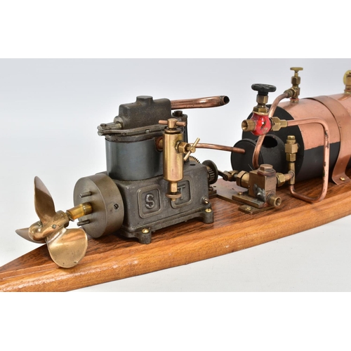 16 - A STUART TURNER LIVE STEAM SPEEDBOAT ENGINE SET UP, not tested, horizontal copper boiler with boiler... 