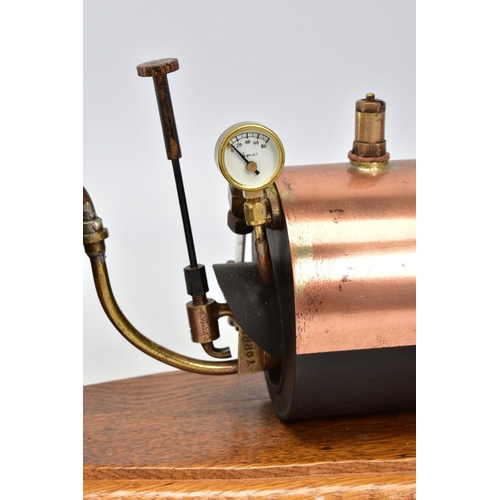 16 - A STUART TURNER LIVE STEAM SPEEDBOAT ENGINE SET UP, not tested, horizontal copper boiler with boiler... 