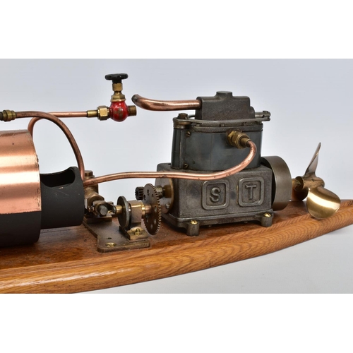 16 - A STUART TURNER LIVE STEAM SPEEDBOAT ENGINE SET UP, not tested, horizontal copper boiler with boiler... 