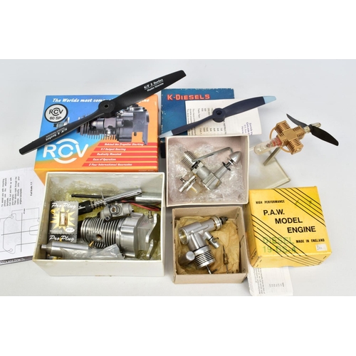 28 - THREE BOXED MODEL AIRCRAFT ENGINES, not tested, RCV 60-SP with instructions, spare glow plugs etc, a... 