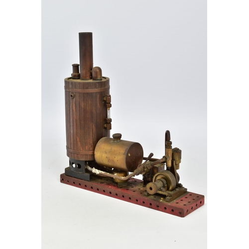 41 - A VERTICAL SINGLE CYLINDER LIVE STEAM ENGINE, not tested, spirit fired, vertical wooden clad copper ... 