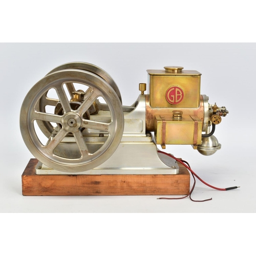 46 - A HANDBUILT MODEL HORIZONTAL SINGLE CYLINDER STATIONARY ENGINE, powering twin flywheels (diameter ap... 