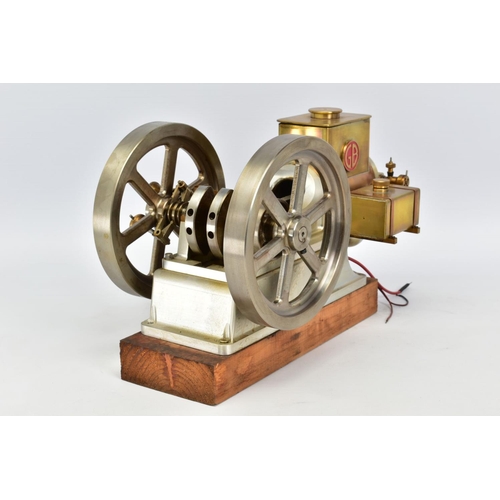 46 - A HANDBUILT MODEL HORIZONTAL SINGLE CYLINDER STATIONARY ENGINE, powering twin flywheels (diameter ap... 