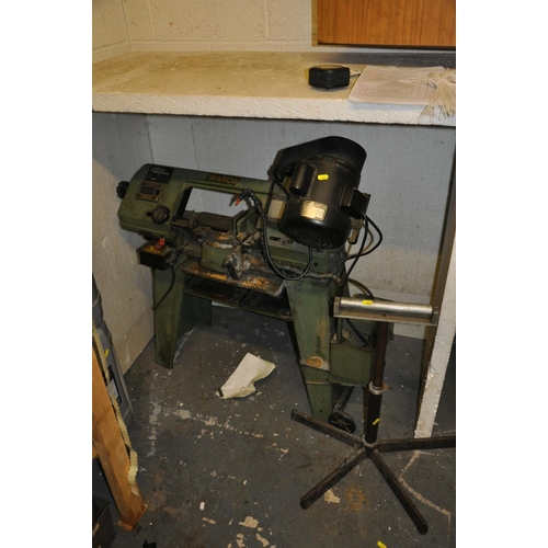 77 - A WARCO 4 1/2'' METAL CUTTING BAND SAW, on stand with a homemade roller stand (2)