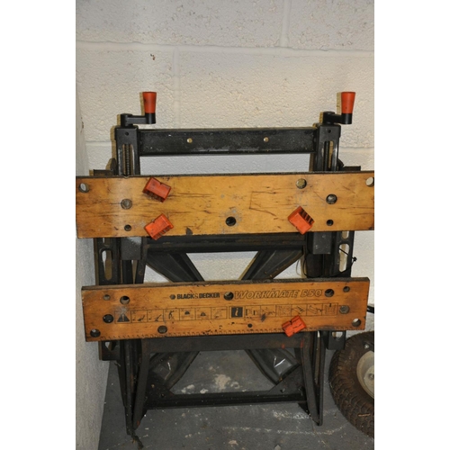 78 - A BLACK AND DECKER WORKMATE AND A DISASSEMBLED FOUR WHEELED TROLLEY, with Pnuematic tyres 112cm long... 