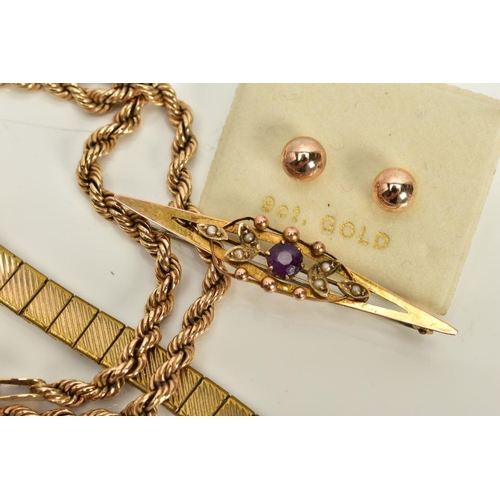 1 - A SELECTION OF JEWELLERY, to include a 9ct gold rope twist chain, fitted to a spring clasp, 9ct gold... 