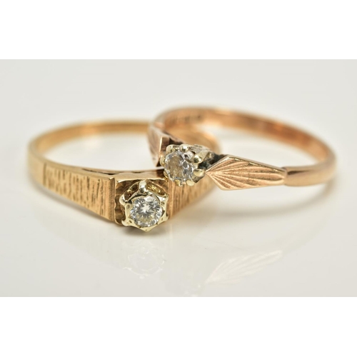 10 - TWO 9CT GOLD SINGLE STONE DIAMOND RINGS, the first designed with a raised claw set round brilliant c... 